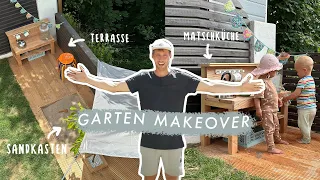 Garten Makeover - Terrasse, Sandkasten & Matschküche selber bauen | ebenerdige Verlegung der Dielen