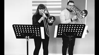 Devil’s Waltz trombone duo.           Inna Konstantynova (tenor) & Oleksii Pavlenko (bass)