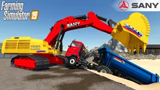 Farming Simulator 19 - SANY SY935C Large Excavator Lifts A Semi Truck That Fell Into The Sand
