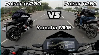 Pulsar N250 vs Pulsarns200 vs Yamaha mt15 Drag Race || Anshu vlogs|| Drag Race || @mt_bunny_vlogs