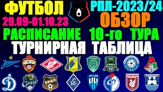 Футбол: Российская Премьер лига-2023/2024. Расписание 10-го тура 29.09-01.10.23. Турнирная таблица