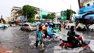 Heavy Rain Flood & Storm in Phnom Penh City, Cambodia - Walking in the Rain with Umbrella