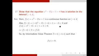 Equation x^3−15x + 1=0 has a solution(By using Intermediate Value Theorem) in the interval [-4, 4].