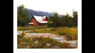 How to paint a Barn, trees, grass, water, hill, sky in tonalism a new lesson