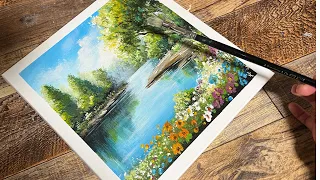 Lake Blooms | Acrylic Landscape Painting for Beginners | Time-Lapse