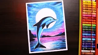 Oil pastel drawing - How to DRAW Moonlight dolphin Scenery with Oil Pastels step by step