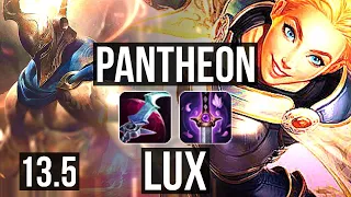 PANTH vs LUX (MID) | 1200+ games, 6 solo kills, 1.2M mastery, Dominating | KR Grandmaster | 13.5