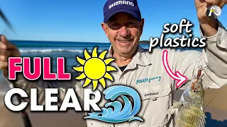 SOFT PLASTIC Strategy: Bright Sun & Clear Water + Beach Worm Bait!