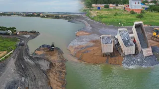 Action Construction New Road dozer Shantui in Sand Moving Rock By Dump Truck SCANIA 12 Wheels 25,5T