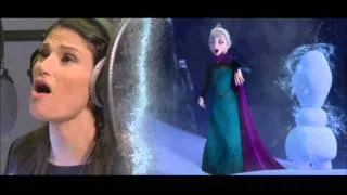 Idina Menzel recording "Let it Go" and Kristen Bell recording "For the First Time in Forever"