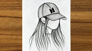 Girl with BTS cap drawing || Easy drawing ideas for girls || Step by step drawing || Girl drawing