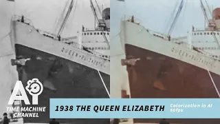 The Queen Elizabeth launch in 1938 [ ai colorized 60fps ]