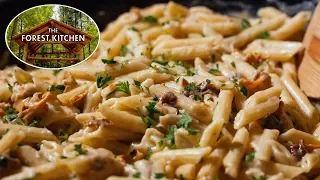 Wild Mushroom Pasta and Bone Marrow in The Forest Kitchen at the Off Grid Log Cabin