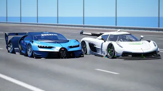10,000HP Koenigsegg Jesko vs 10,000HP Bugatti Vision GT | DRAG & TRACK RACE