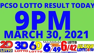 9PM PCSO LOTTO RESULT TODAY MARCH 30 2021 2D 3D 6D 6/49 6/42 6/58 EZ2 SWERTRES