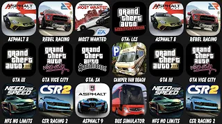 Asphalt 8, Rebel Racing, Most Wanted, GTA: LCS, GTA III, GTA Vice City, GTA: SA, Camper Van Beach...