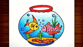 How to Draw Fish Aquarium Step by Step || Fish Bowl Drawing || Fish Tank Drawing || Fish Drawing..