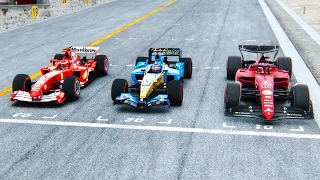 Ferrari F1 2022 vs Ferrari F1 2004 vs Renault F1 2005 (ALL WITH SLICKS TYRES) -  Imola GP