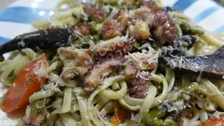 Tender Octopus Pasta, so soft, melt in your mouth, sautéed in garlic butter with Parmesan cheese!