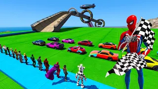 A drag race Ramps chiliad mountain Spiderman team vs Trevor team Apocalypse Cars GTA V vs Mod-Cars