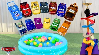 Zeke Slides Disney Pixar Cars Into Pool | Lightning Mcqueen, Tow Mater Falling in Water