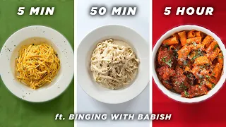 5 Min vs. 50 Min vs. 5 Hour Pasta (ft. Binging With Babish) • Tasty