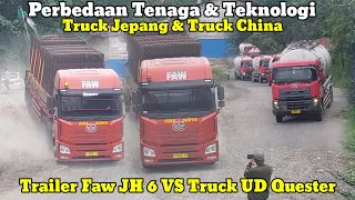 Truck Trailer Terkuat China FAW JH6 Muatan 50Ton & Konvoi Truck UD Quester Terseok Seok Dibatu Jomba