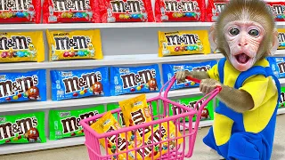 KiKi Monkey go shopping M&M Chocolate Candy at store and eat fruits with ducklings |KUDO ANIMAL KIKI