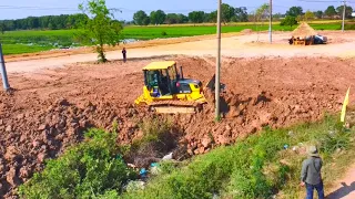 Incredible 25T Dump Trucks Waiting To Loading Sand Filling On Water With An Old Bulldozer