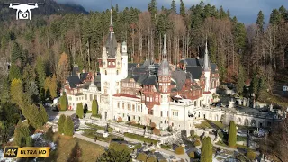 [4k] Drone Video. Sinaia, Romania. Enchanting mountain retreat with Peles Castle, stunning views.