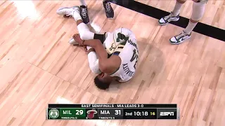 Giannis Antetokounmpo is Down, Grabbing at his Leg [Update: Shoots free-throws and leaves court]