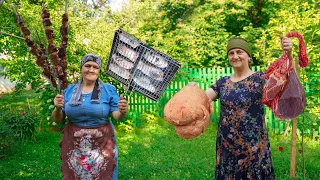 Khan kebab of Azerbaijani cuisine in the village - Cooking liver and tail kebab on the barbecue