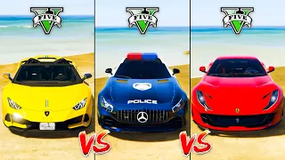 Lamborghini Huracan Evo vs Police Mercedes-Benz GT vs Ferrari 812 - GTA 5 Car Mods Which is better?