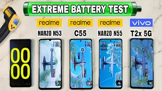 Realme narzo n53 vs realme c55 vs narzo n55 vs vivo t2x 5g BGMI Battery drain test & review