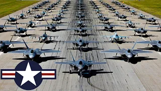 US Air Force. Powerful F-22, F-35, F-16 fighters lined up for takeoff in Alaska.