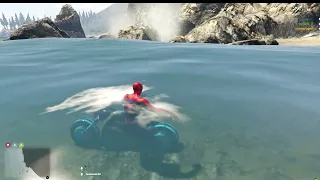 GTA 5 Spiderman performing motocross manoeuvres.