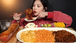 ENG SUB)Ramyeon Bokki Cheese Bokki Jjajang Bokki Whole Bacon MUKBANG ASMR Korean Real Sound Eating