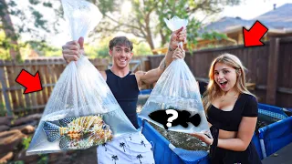 1v1 Catch the BIGGEST fish for BACKYARD POOL pond CHALLENGE! (Ft. Girlfriend)