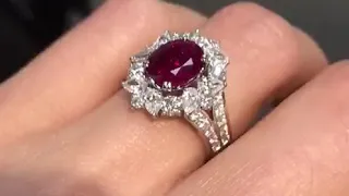 UNHEATED PIGEONS BLOOD RED BURMA RUBY 3.14 CT AND DIAMOND RING