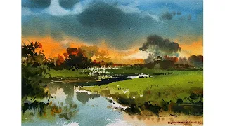 How To Paint A Beautiful Sunset Scene In Watercolour | Landscape Watercolor Demo by Shahanoor Mamun