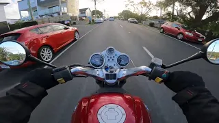 POV - its 7:15am and Im Riding my old BMW R850R to work