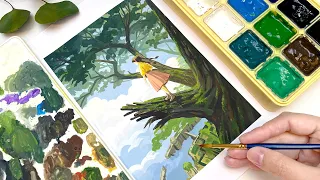 Studio Ghibli Painting/ Relaxing Painting Video/ Castle in the Sky/ Gouache Painting/Paint with me🏰🌳