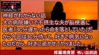 修羅場復習朗読・神経がわからない話・大の病院嫌いで不摂生な夫が脳梗塞に医者「30分遅かったら命を落としていた」だから今回は30分しっかり待って、好きで病気になったのだから、好きに逝かせてやりました。