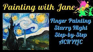 30 Days of Art #9 - Finger Painting Starry Night Step by Step Acrylic Painting for Beginners