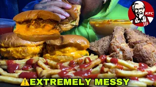 ⚠️EXTREMELY MESSY EATING🤤NUCLEAR FIRE CHEESE SAUCE🔥KFC FAMOUS CHICKEN SANDWICH, FRIED CHICKEN