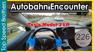 Autobahn Encounter Tesla model 3 (440hp) meets BMW 335d (286hp) and Mercedes E300e (320hp)