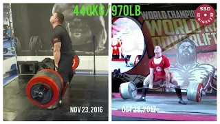 Road to 440kg deadlift by Yuri Belkin on Nov 23 2016 in training vs Oct 28 2017 at the meet