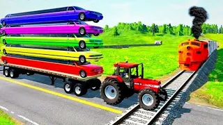 Double flatbed trailer truck Vs Speedbumps - Train vs Case Tractor Transporting - BeamNG.drive #195
