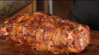 Bacon Wrapped, Peach Glazed, Pork Loin on the Rotisserie with The MEATER