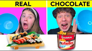 ASMR REAL FOOD VS CHOCOLATE FOOD CHALLENGE | Eating Sounds Mukbang 먹방 Tati ASMR